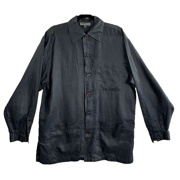LES COPAINES Men Linen Shirt Size 54/2XL Black Long Sleeve Button Front 12-7 - Picture 1 of 10